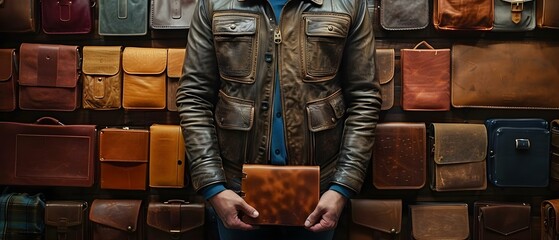 Person selecting highend custom leather goods in rich shades for luxury products. Concept Luxury Leather Goods, High-End Products, Custom Selection, Rich Color Choices, Premium Shopping Experience