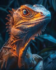 Surreal portrait of a Basilisk Lizard with enhanced scales and eyes, mystical glow, isolated on a dark, moody background , stock photographic style - obrazy, fototapety, plakaty