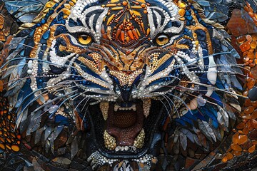 A vivid and colorful artistic portrait of a roaring tiger's face, intricately crafted entirely from shiny stones and rocks.