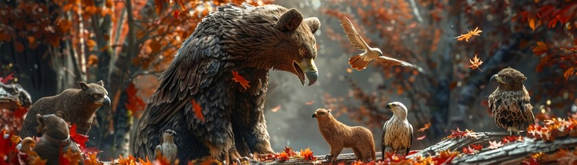 Fototapeta premium BearEagle hybrid interacting with other forest animals, demonstrating its role as a leader in a woodland realm, with a backdrop of autumn leaves , 3DCG