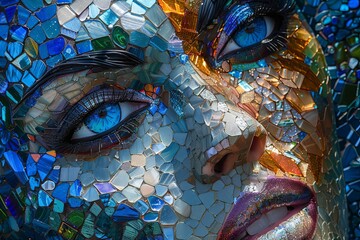 A woman's face is made of small pieces of glass