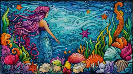 Underwater: A coloring book page featuring a beautiful mermaid exploring a colorful underwater world filled with seashells