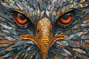 A close up of an owl's face made of small pieces of metal