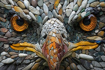 A mosaic eagle with a large, yellow eye