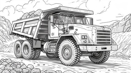 Vehicles: A coloring book page with a big, sturdy dump truck hauling a load of rocks at a construction site