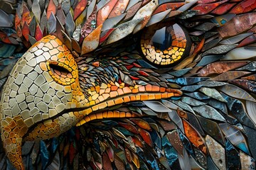 A mosaic eagle head with a red eye