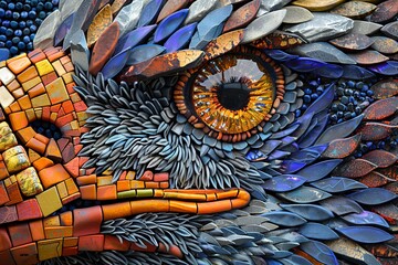 A close up of a bird's eye with a blue and orange background