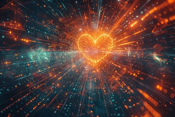 Quantum computing core depicted as the heart of a high-tech facility, radiating intense energy, surrounded by abstract data flow and digital.