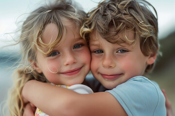 Closeup portrait of young cute siblings sister and brother smiling and hugging.