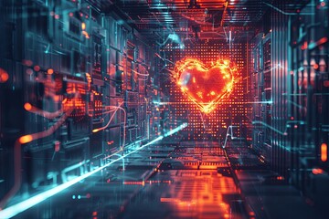 Quantum computing core depicted as the heart of a high-tech facility, radiating intense energy, surrounded by abstract data flow and digital.