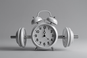 Alarm clock with dumbbells on light background. Working out concept, fitness, sport activity, healthy lifestyle theme, consistency in workouts, equipment for home workouts or exercises in a gym.