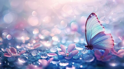   A blue butterfly atop a blue-pink flowered ground, its wings dotted with water droplets