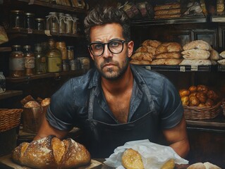 A man in a bakery with a loaf of bread in front of him. He is wearing apron and glasses - obrazy, fototapety, plakaty
