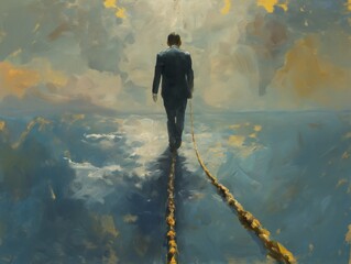 A man is walking on a rope bridge with a chain in his hand. The painting is a representation of the idea of being trapped or controlled by something, possibly a relationship or a situation