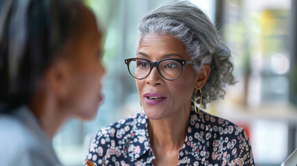 Mature Professional Businesswoman Collaborating With Colleague In Modern Office Setting