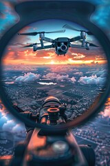 The gun's sight is aimed at a flying combat drone. Aiming for aerial domination.