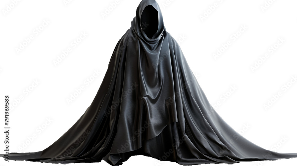 Poster Haunting black cloak draped in spectral stillness, isolated on transparent background.PNG File.  - Posters