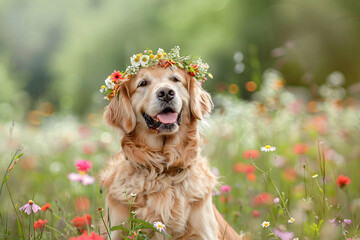 A Golden Retriever sitting in a flower field, wearing a crown of flowers.