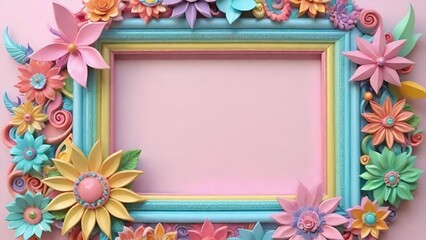 Pastel color 3d frame design with flowers ornated, retro style background.