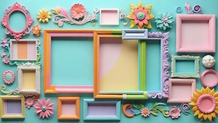 Pastel color 3d frame design with flowers ornated, retro style background.