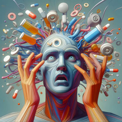 surreal man's face surrounded by pills - 791969902