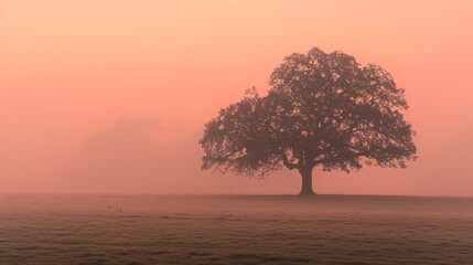 Obraz premium A solitary tree stands amidst a field, encased in foggy, rosy-tinted, pastel-shaded sky