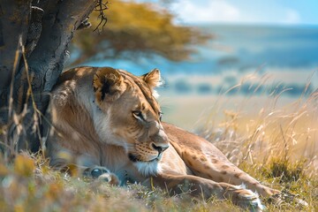 A majestic lioness resting under the shade of an acacia tree on the African savanna, her golden fur...
