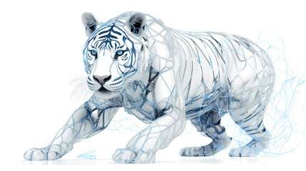 White Tiger Animal Plexus Neon White Background Digital Desktop Wallpaper HD 4k Network Light Glowing Laser Motion Bright Abstract	