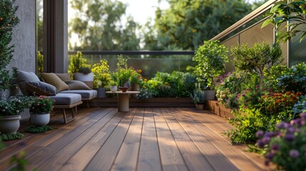 Cozy Modern Terrace with Wooden Deck and Greenery Generative AI