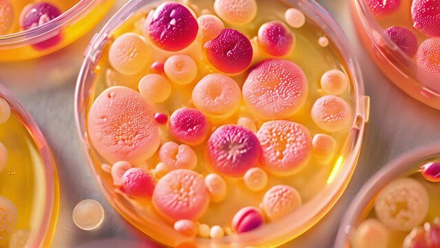 A vivid array of bacterial colonies thrive within petri dishes, showcasing the diverse colors and forms of microbiological growth