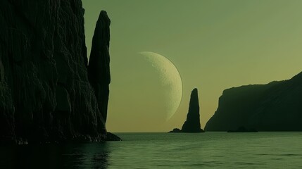  An alien landscape featuring a moon in the sky and a rocky outcropping emerging from the water - obrazy, fototapety, plakaty