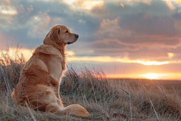 A Golden Retriever sitting on a hill, watching a sunset.