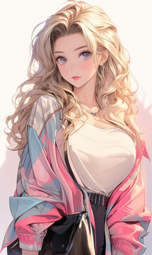 Beautiful young woman, posing as a professional high fashion photo model - anime art style on isolated white background.