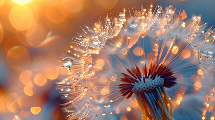 Water droplets on a dandelion seed head, each droplet reflecting the early morning light, taken with a macro lens for extreme detail