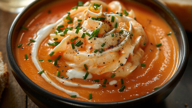 A rich, creamy bowl of lobster bisque, with a swirl of cream and a sprinkle of chives on top. The image emphasizes the smooth texture.