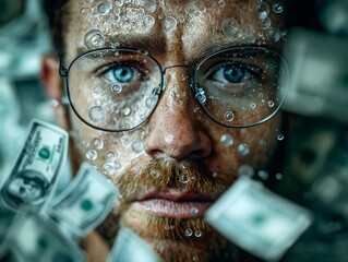A man with glasses and a beard is surrounded by a lot of money. Concept of wealth and abundance