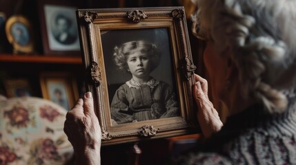 Nostalgic Senior Woman Reminiscing Over Vintage Childhood Portrait Generative AI