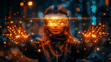   A woman in a hat raises hands before glowing light backdrop