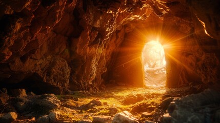 Resurrection Light: Empty Tomb with Rays in Rocky Cave Generative AI