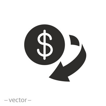 money back icon, price save or refund cost, cash back, spin arrow around dollar coin, flat vector illustration