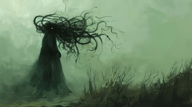   A woman in a painting is depicted with wind-swept hair in a misty, green landscape