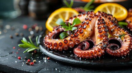 Grilled Octopus on Black Plate: A Mediterranean Delicacy Generative AI - obrazy, fototapety, plakaty