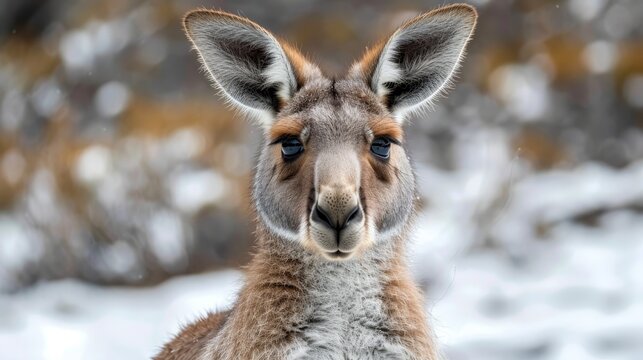   A tight shot of a kangaroo's face, background of trees softly blurred