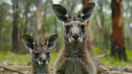 Fototapeta premium Two kangaroos standing side by side in a forest, background filled with trees