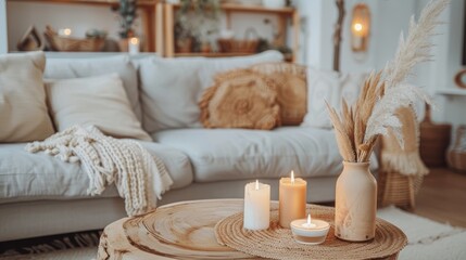 Fototapeta na wymiar Cozy Modern Boho Living Room with Light Gray Sofa and Decor Generative AI