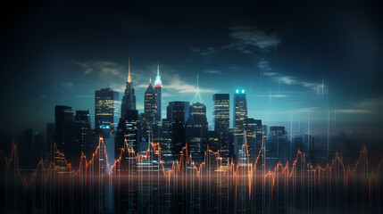 Stock market chart with city skyline background