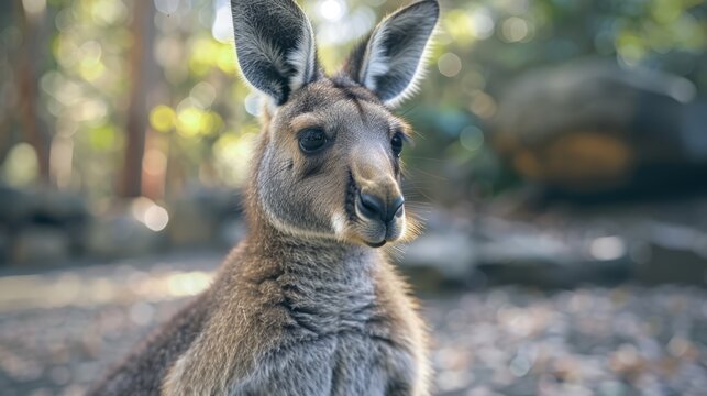   A tight shot of a kangaroo gazing into the lens, surrounded by a hazy backdrop of trees and rocks