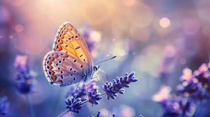 beautiful butterfly resting on lavender on blurred lavender field background, close up