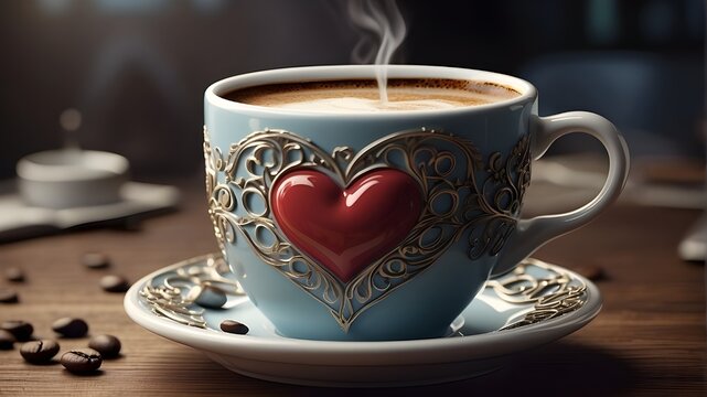  A photorealistic depiction of a coffee cup with a heart motif displayed prominently. The image should capture the details of the coffee cup's texture, color, and the intricate design of the heart mot