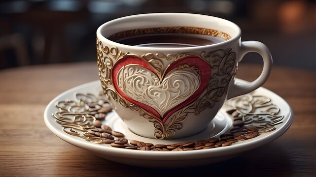  A photorealistic depiction of a coffee cup with a heart motif displayed prominently. The image should capture the details of the coffee cup's texture, color, and the intricate design of the heart mot
